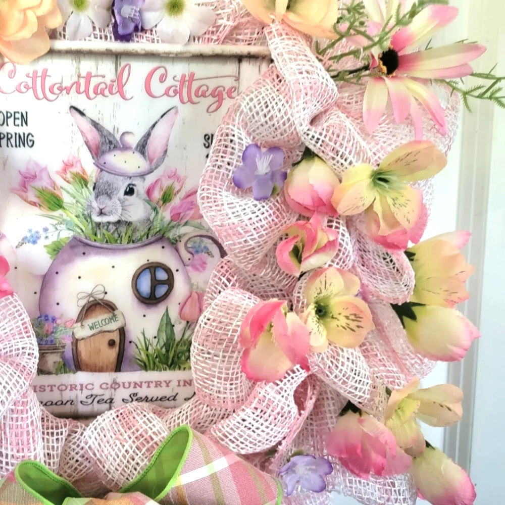 Easter Cottontail Inn Sign Bunny in a Teapot Deco Mesh Bow Floral Rabbit - Picture 6 of 8